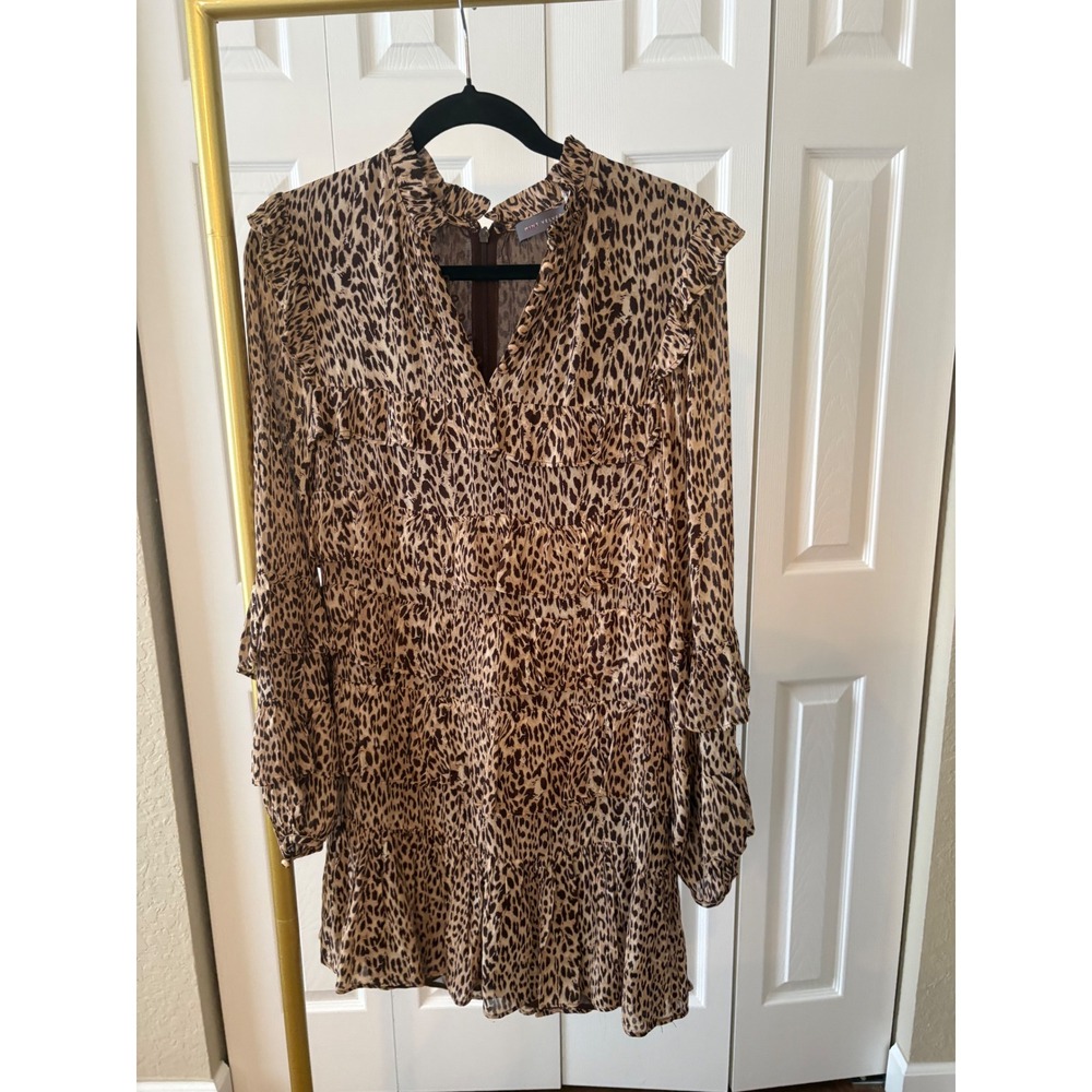 Mint Velvet Dress Leopard Print Tiered Ruffle Mini Brown Tan Long Sleeve